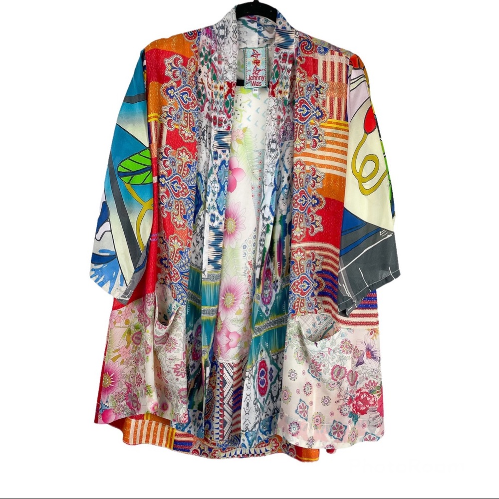 Johnny Was Patchwork Print Multicolor Silk Kimono… - image 3